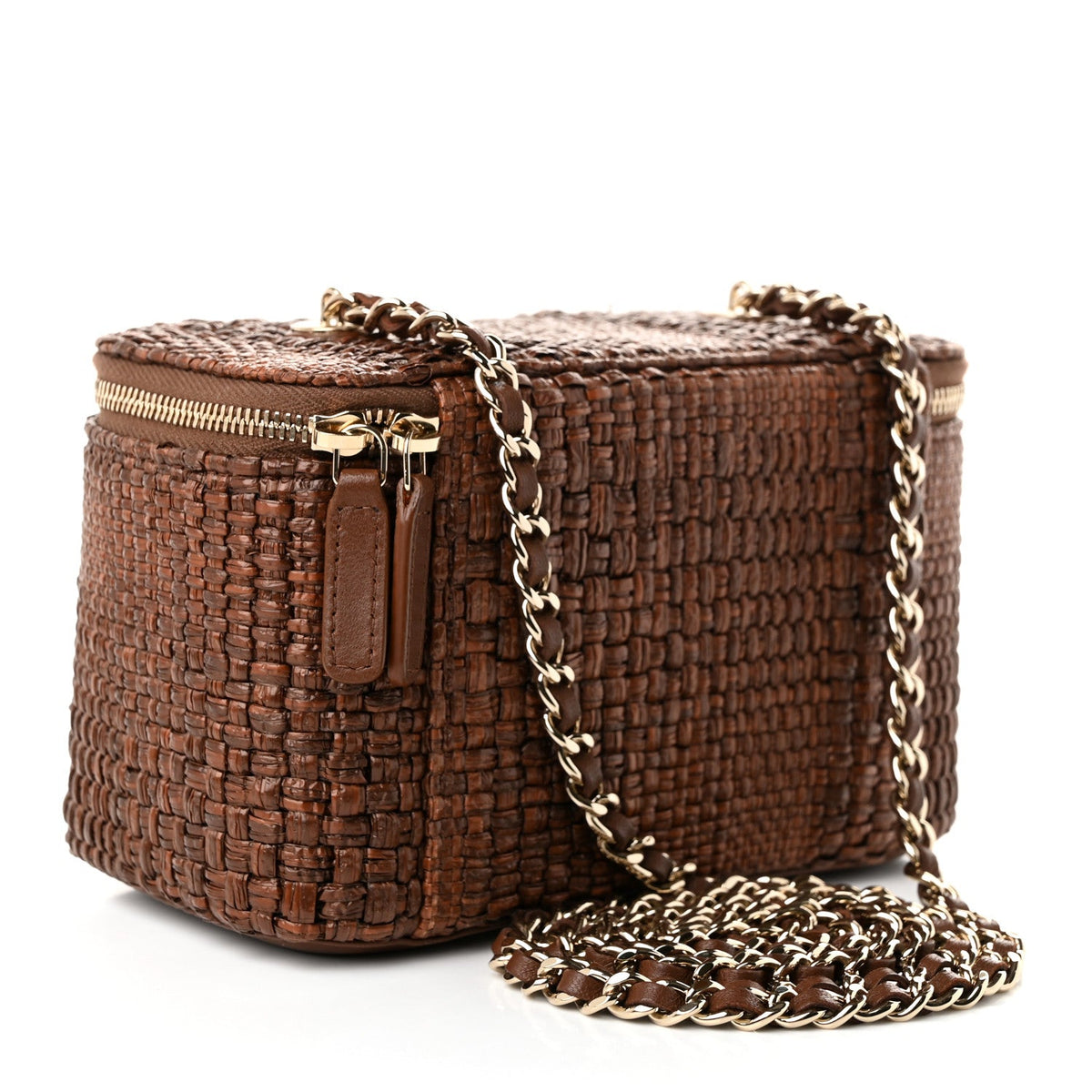Braided Raffia Vanity Case With Chain Brown