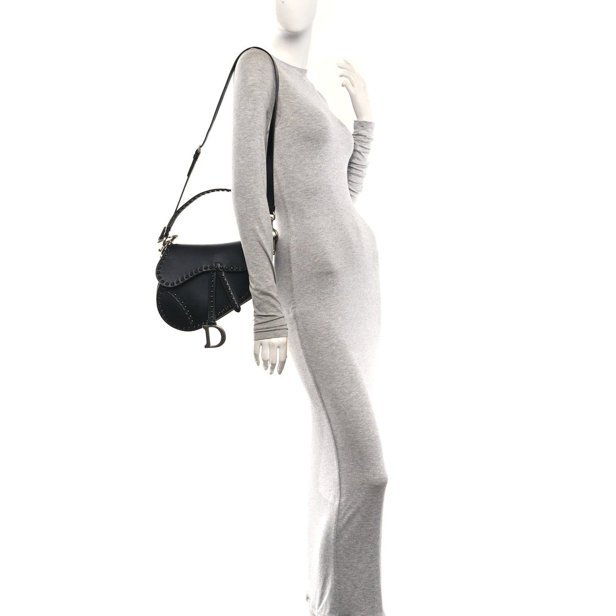 Calfskin Studded Saddle Bag With Strap Black