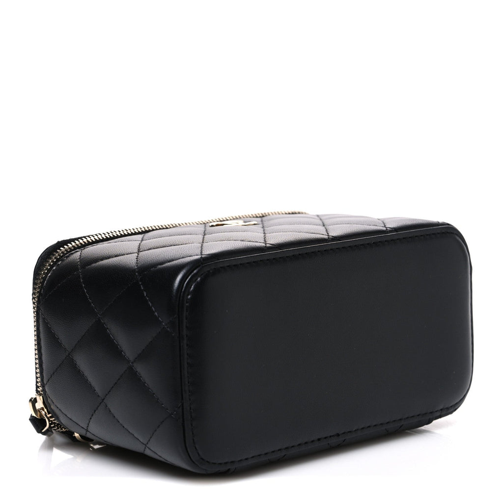 Lambskin Quilted Small Top Handle Vanity Case With Chain Black