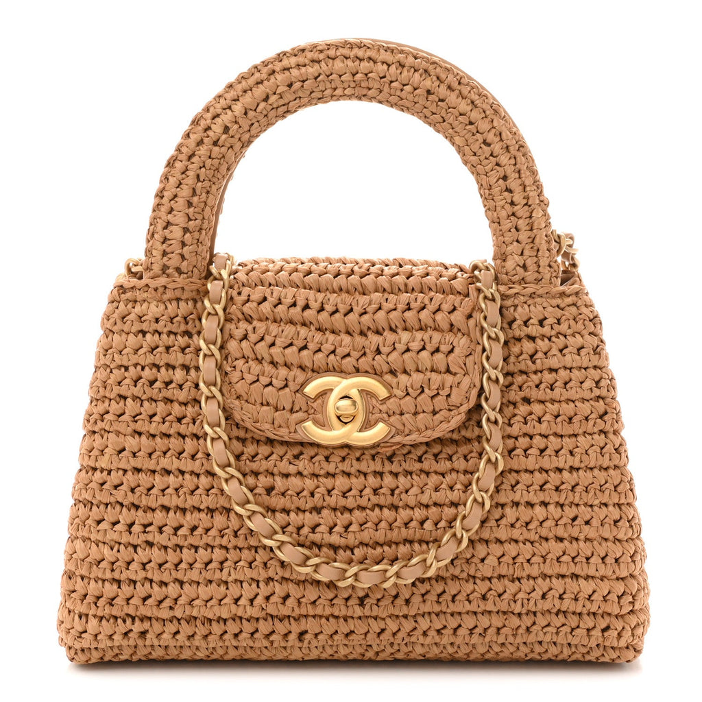 Braided Raffia Nano Kelly Flap Bag Dark Beige