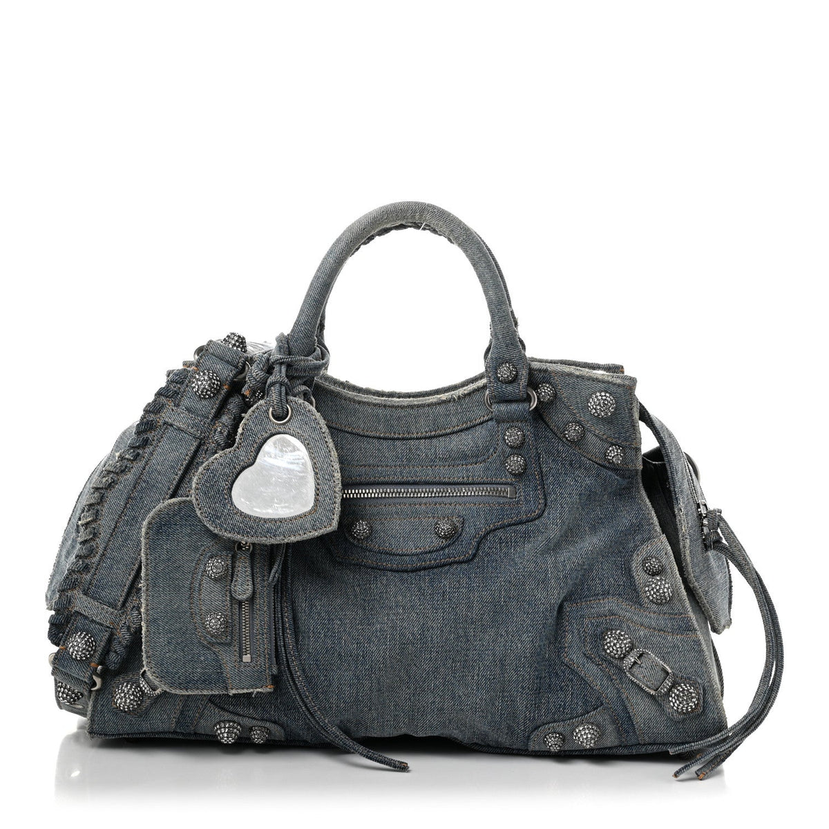 Washed Frayed Denim Crystal Neo Cagole City Handbag Blue