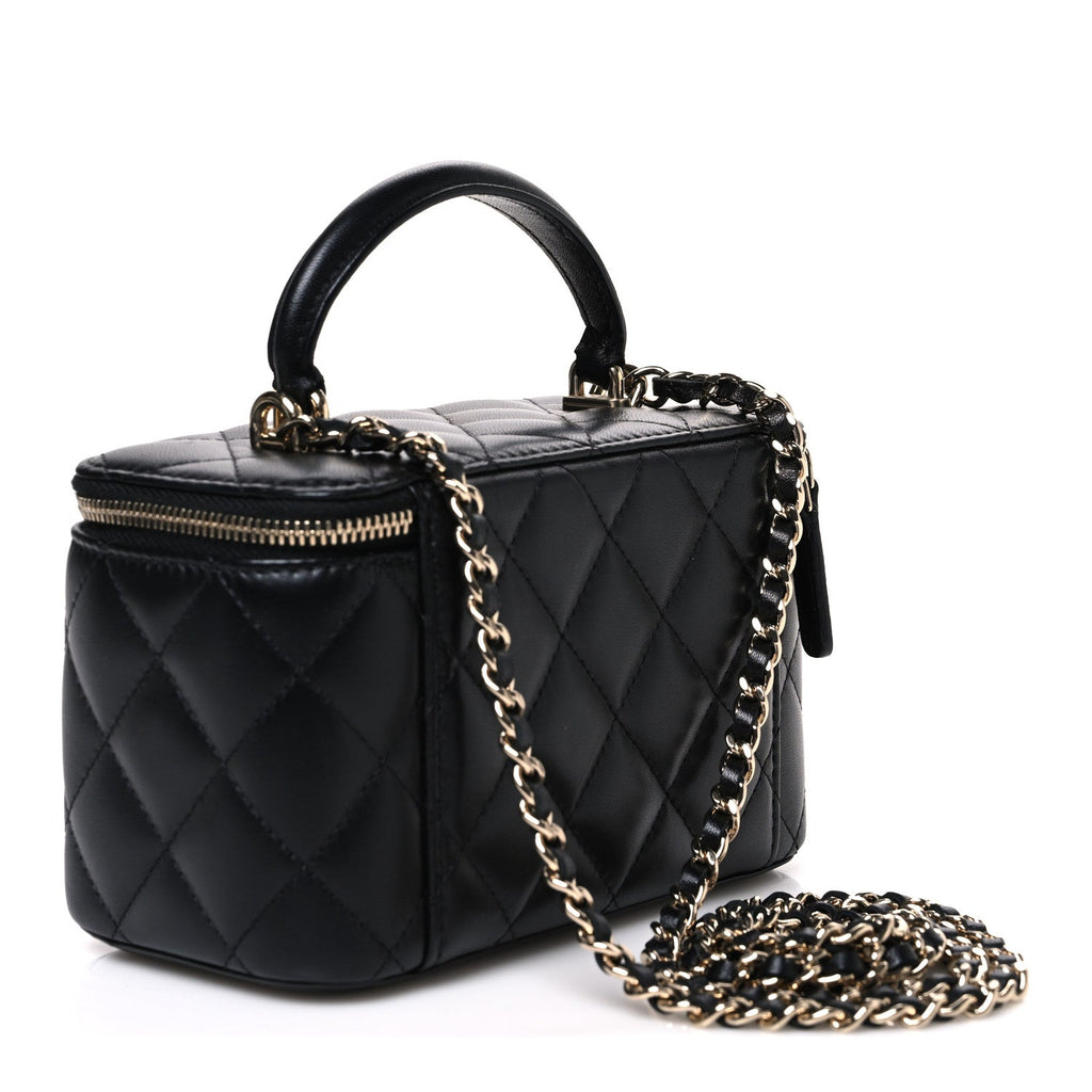 Lambskin Quilted Small Top Handle Vanity Case With Chain Black