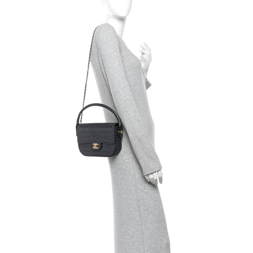 Calfskin Crocodile Embossed Turn Around Mini Flap Dark Grey Dark Grey