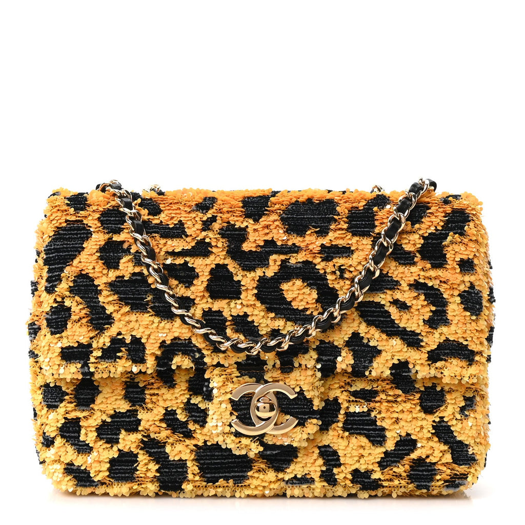 Sequin Mixed Fibers Leopard Print Mini Rectangular Flap Black Orange