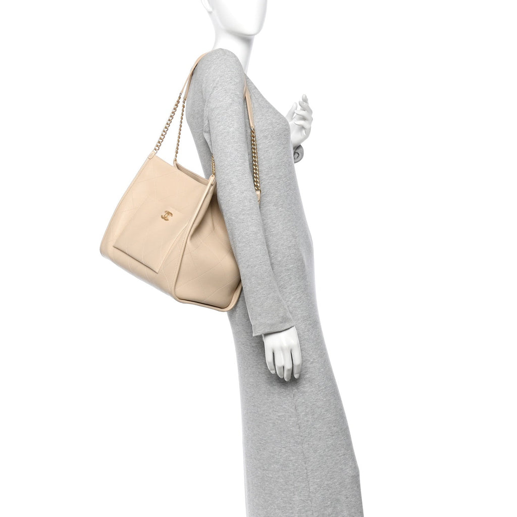 Caviar Stitched Pocket CC Large Tote Beige