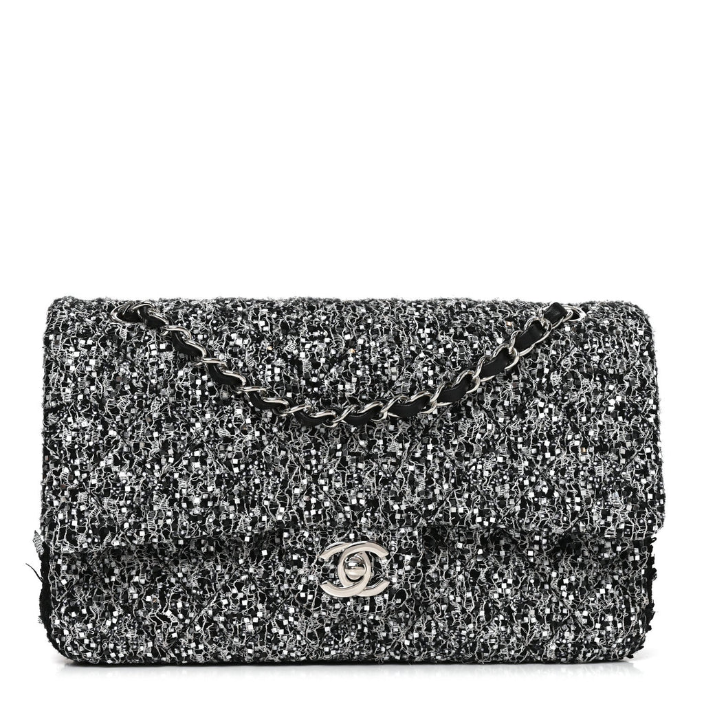 Tweed Sequin Patchwork Medium Double Flap Black White