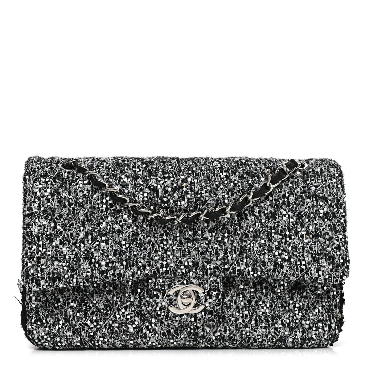 Tweed Sequin Patchwork Medium Double Flap Black White