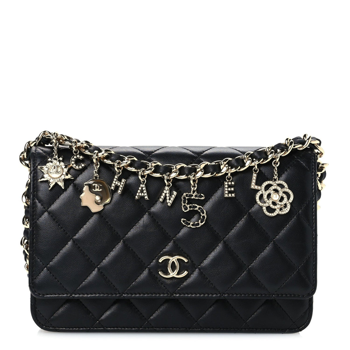 Lambskin Quilted Coco Charms Wallet On Chain Black