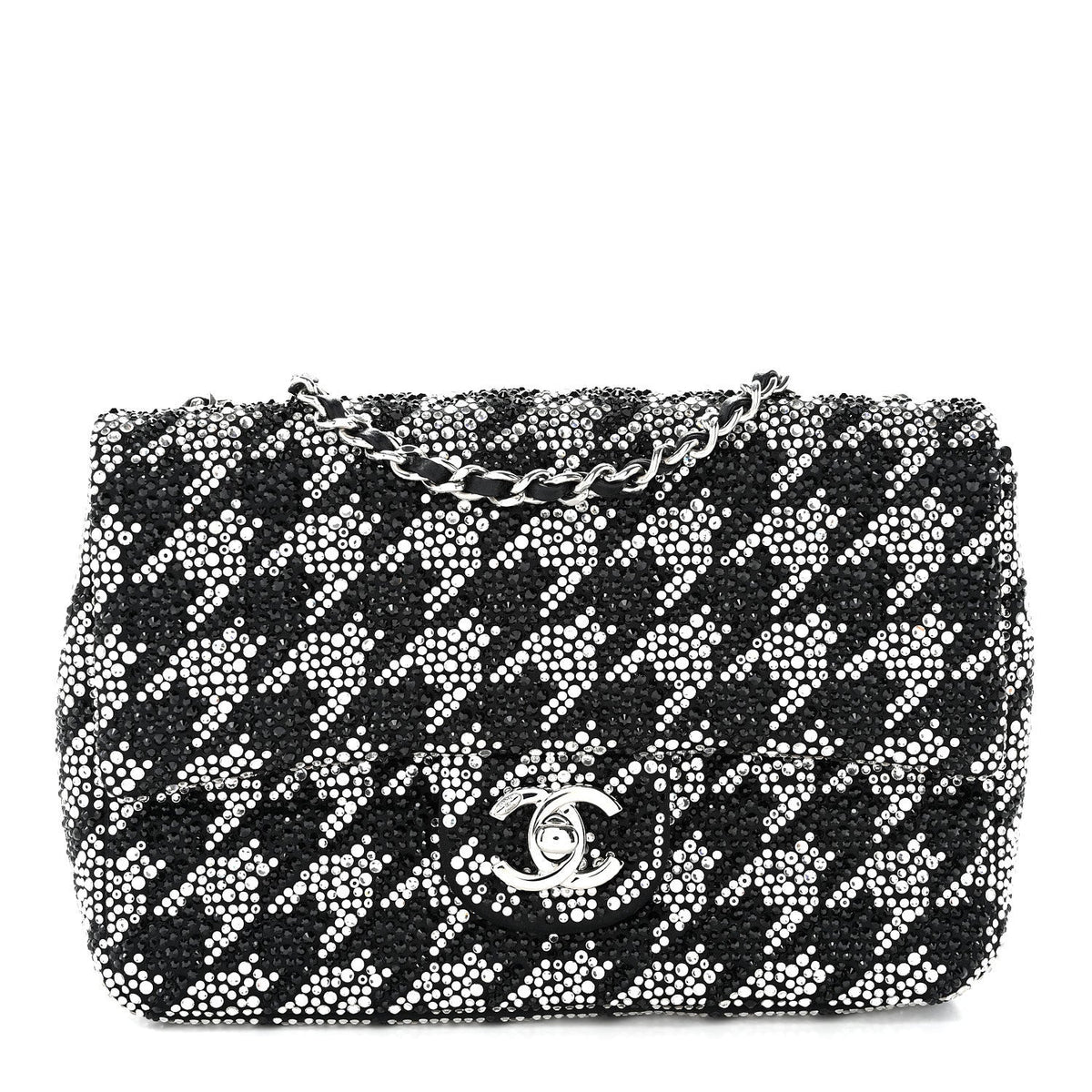 Satin Crystal Diamante Houndstooth Small Flap Black