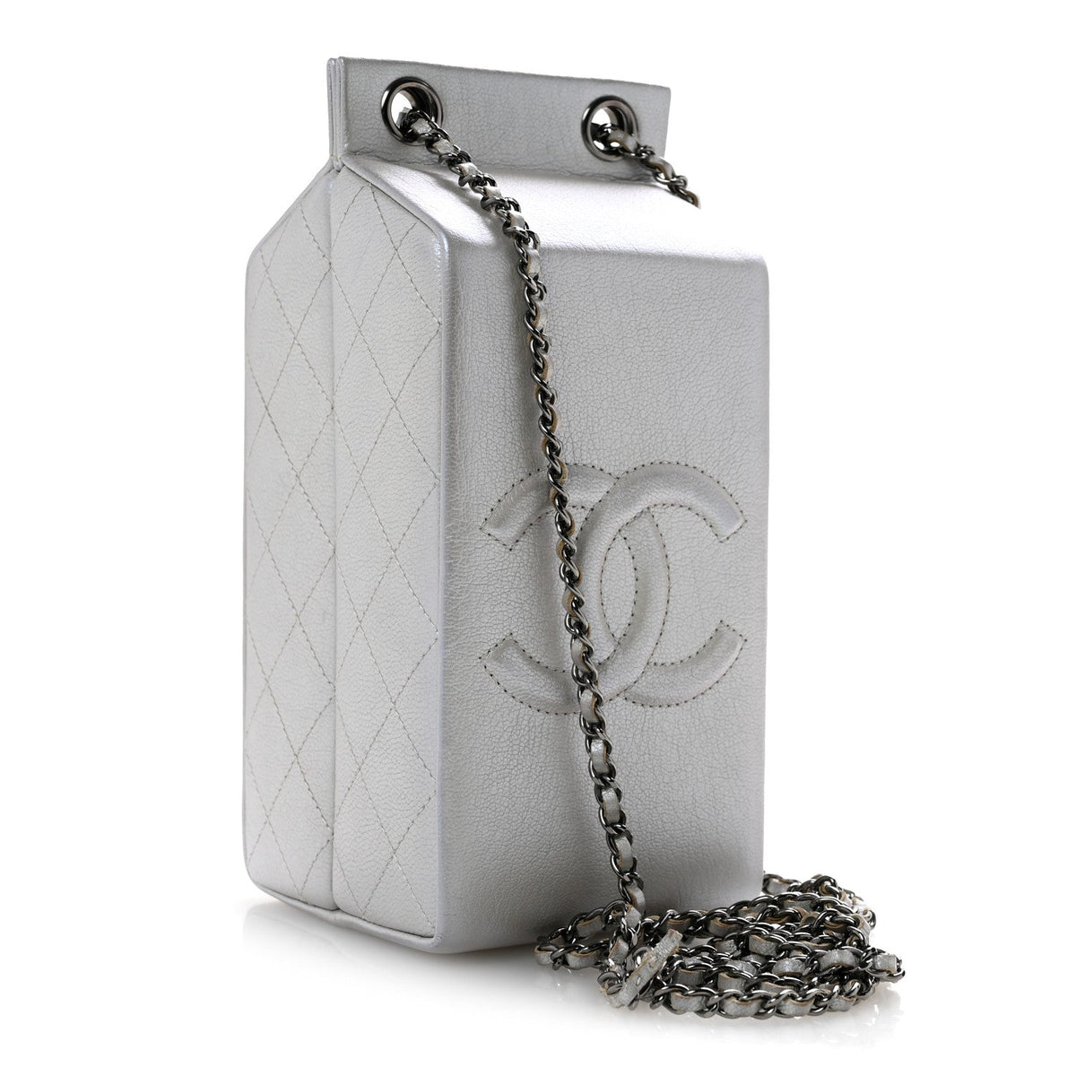 Metallic Goatskin Lait de Coco Milk Carton Bag Silver