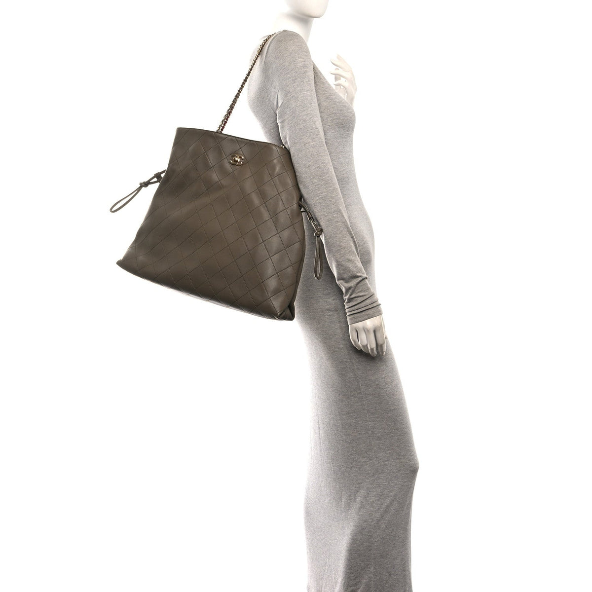 Lambskin Quilted Drawstring Shopping Bag  Dark Khaki