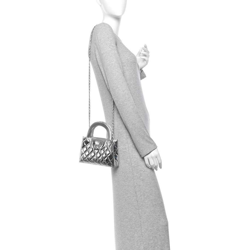 Mirror Calfskin Metallic Calfskin Quilted Nano Kelly Shopper Silvery