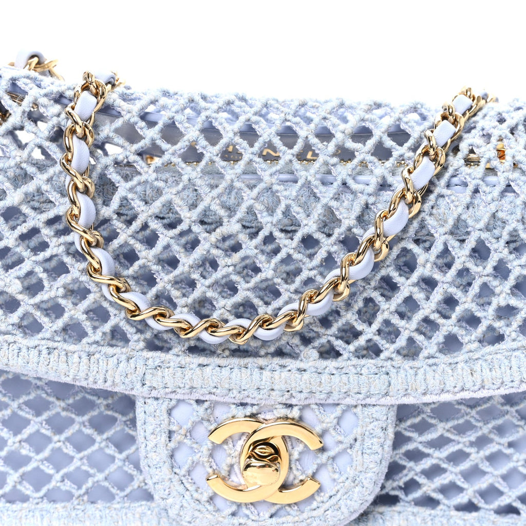 Mesh Macrame Small Flap Bag  Light Blue