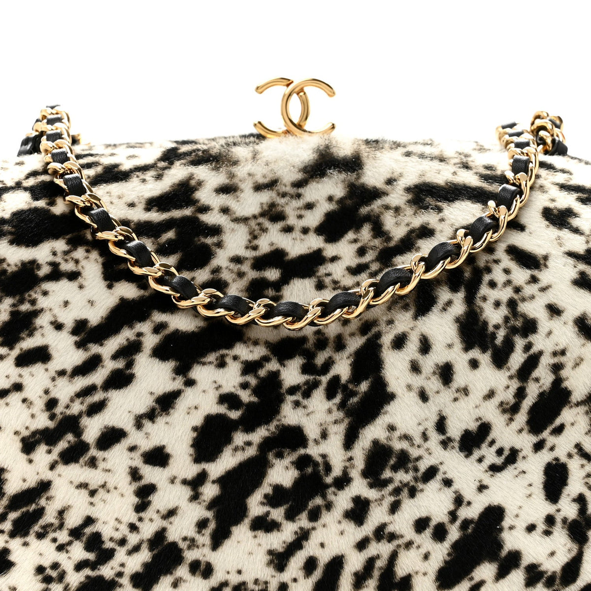 Lambskin Pony Hair Printed Clutch With Chain Black White