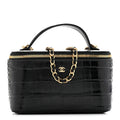 Calfskin Crocodile Embossed Crococo Small Top Handle Vanity Case With Chain Black