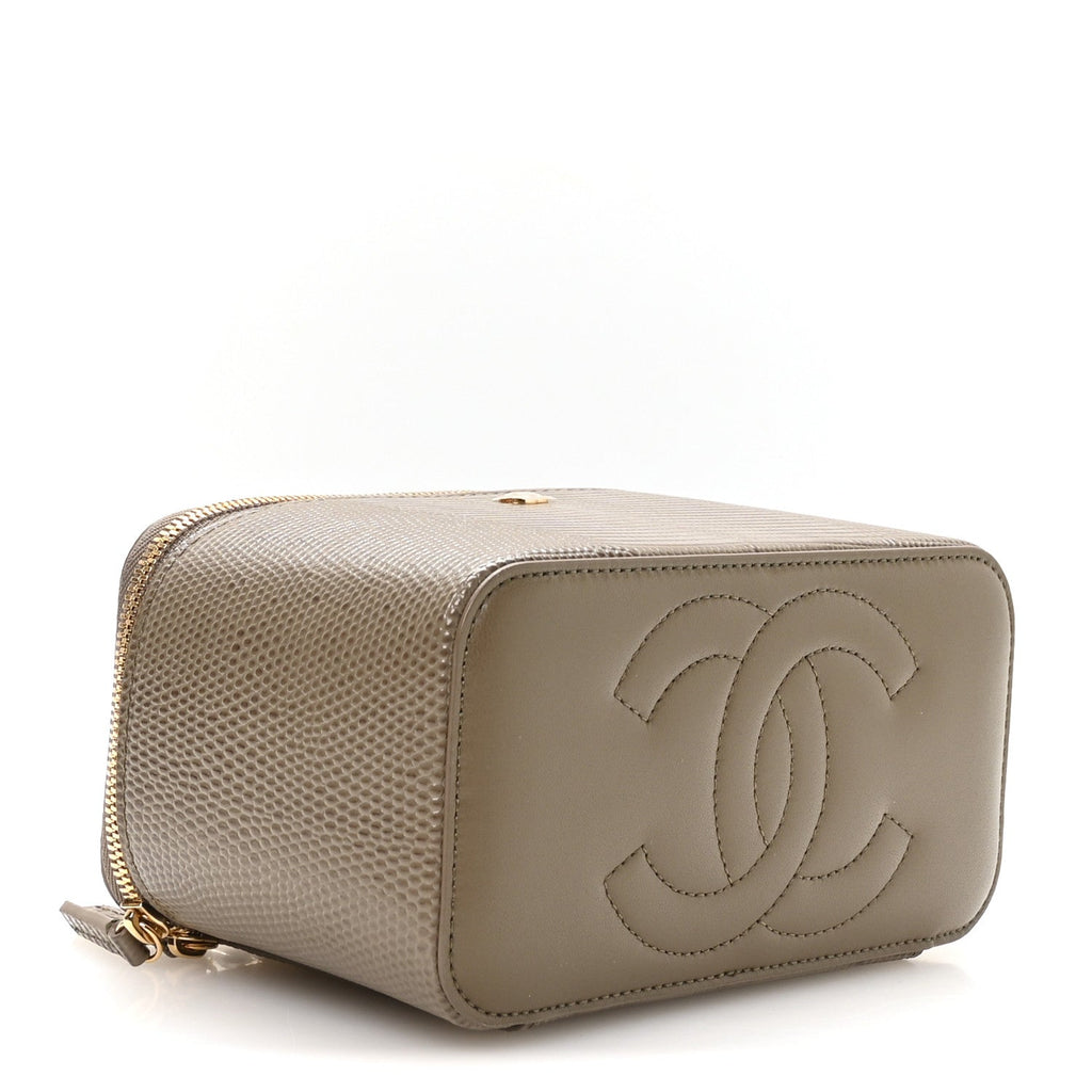 Calfskin Lizard Embossed Top Handle Vanity With Chain Dark Khaki