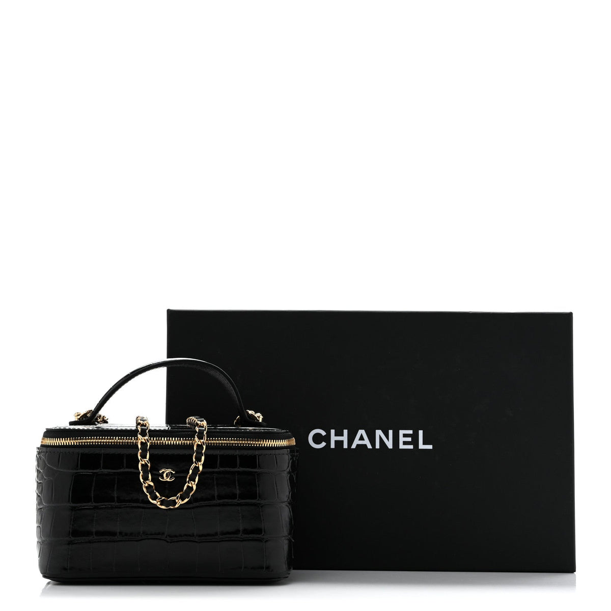 Calfskin Crocodile Embossed Crococo Small Top Handle Vanity Case With Chain Black