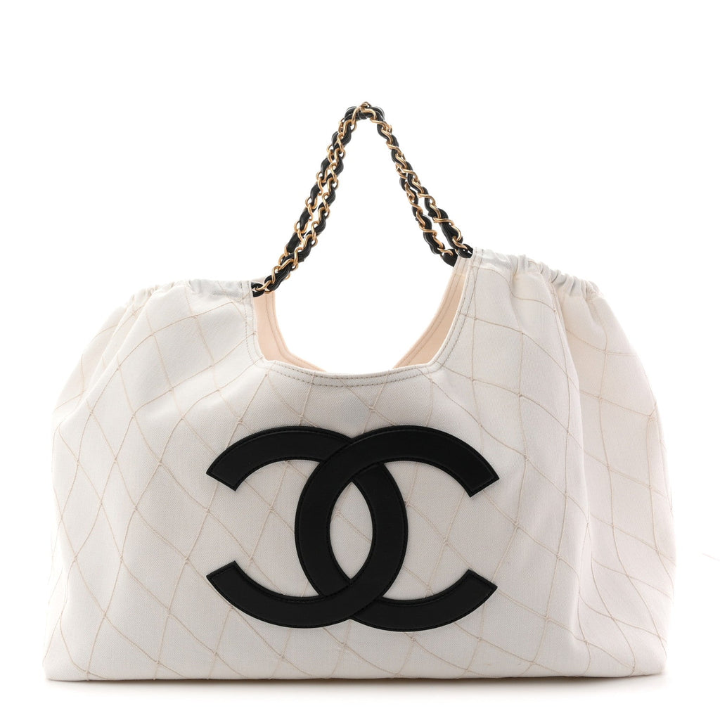 Denim Calfskin Quilted Coco Beach Small Shopping Tote White Black