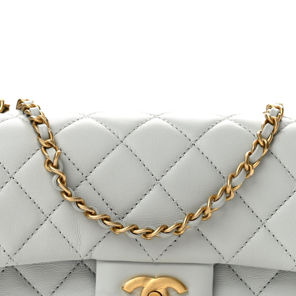 Lambskin Quilted Mini Rectangular Pearl Crush Flap Grey