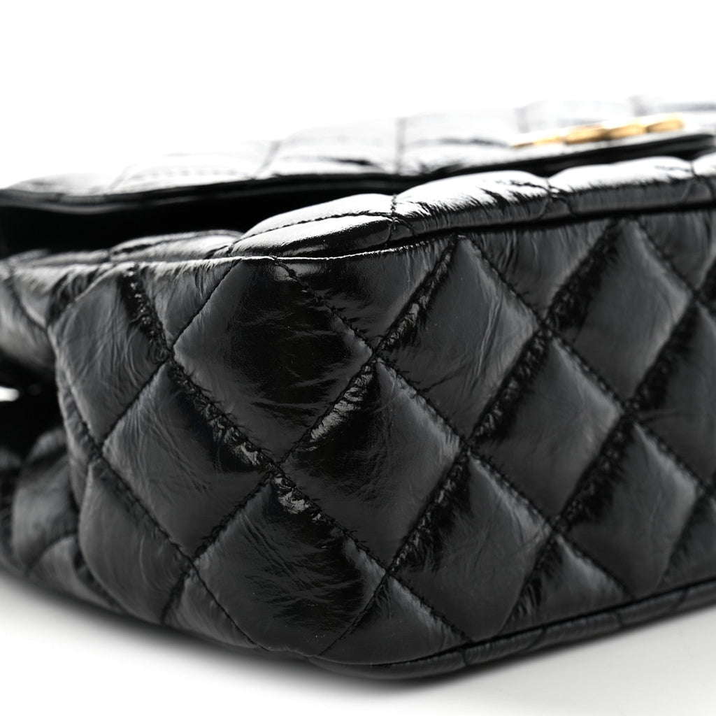 Shiny Crumpled Calfskin Quilted Wavy CC Hobo Black