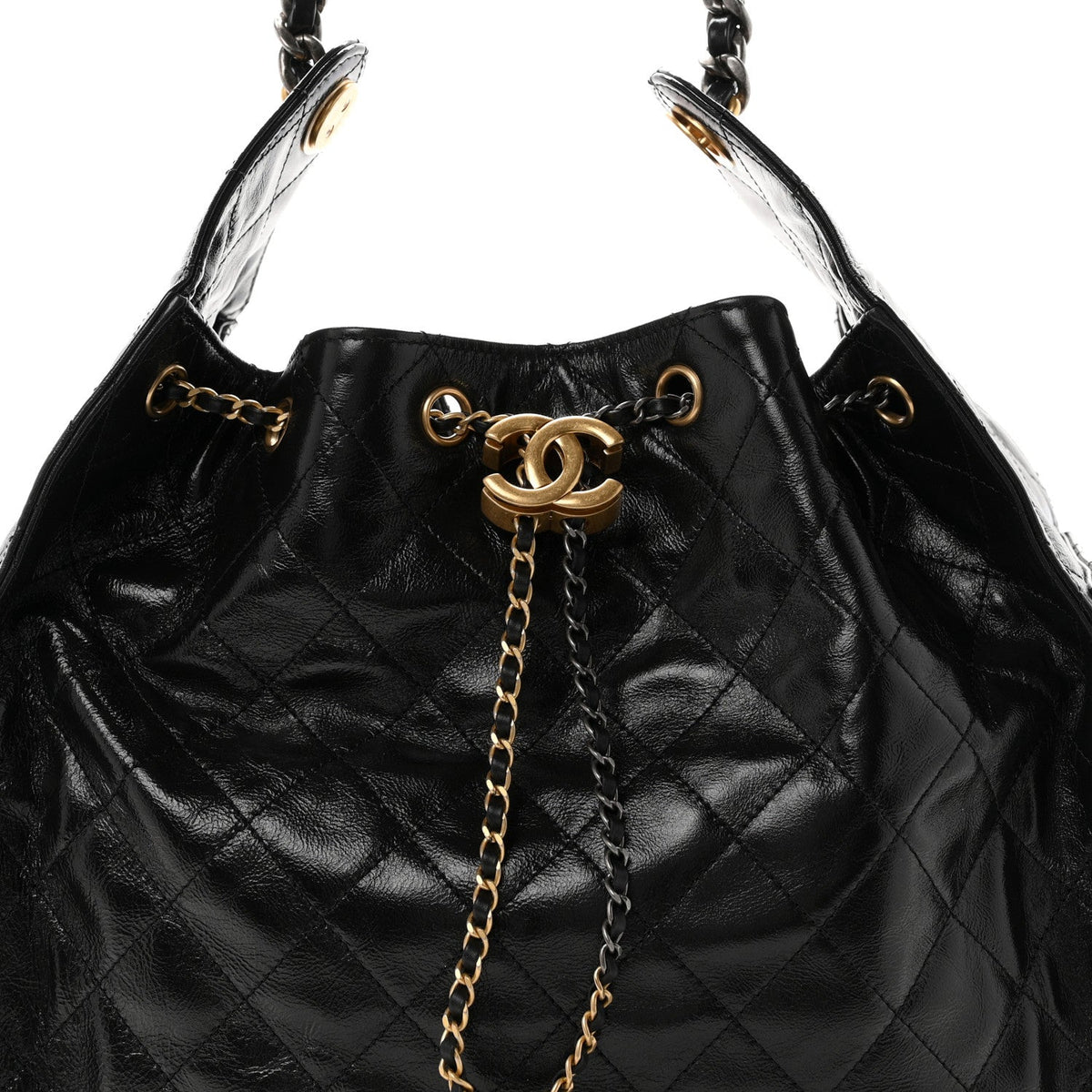 Shiny Crumpled Calfskin Quilted Medium Chanel 25 Handbag Black