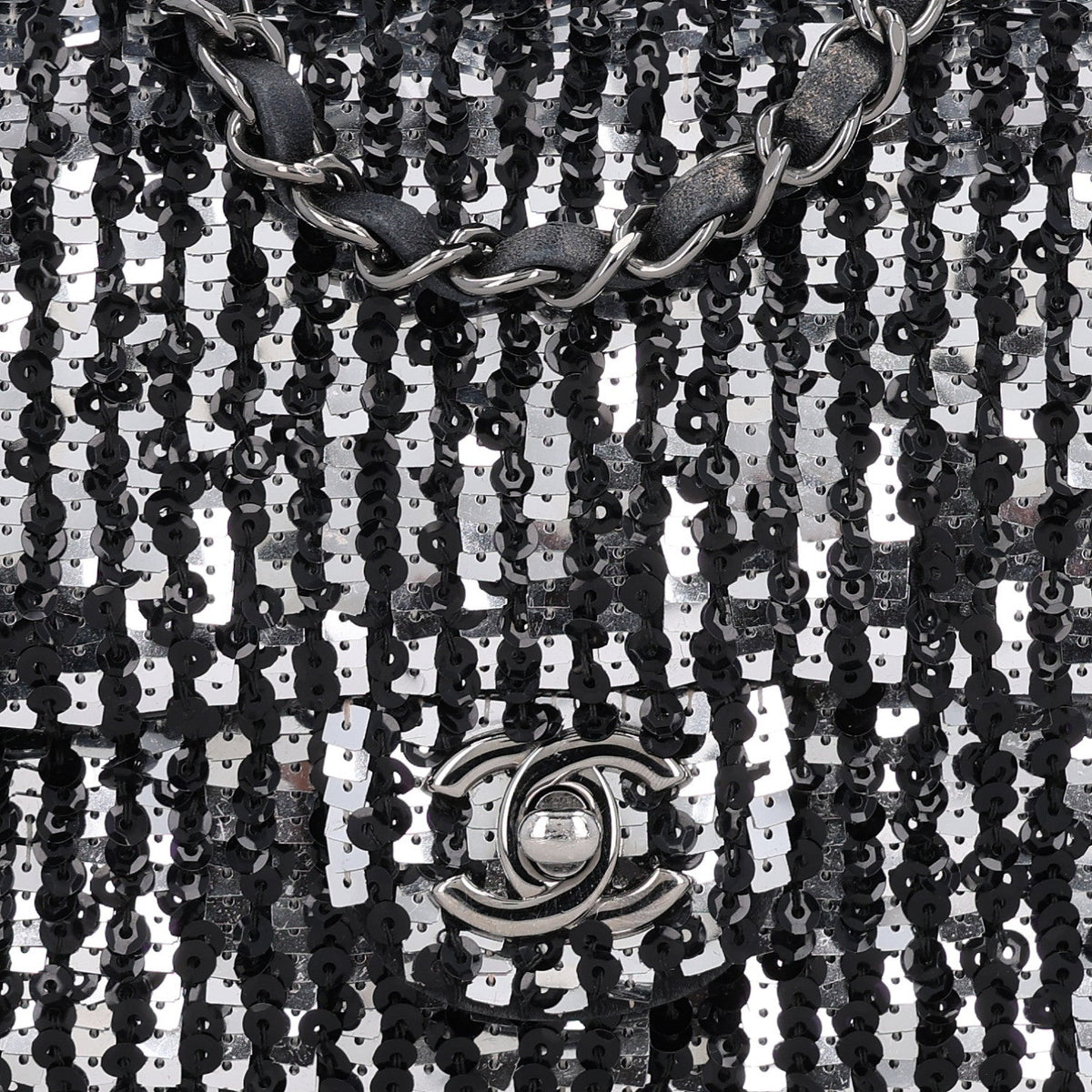 Sequin Lambskin Small Flap Black Silver
