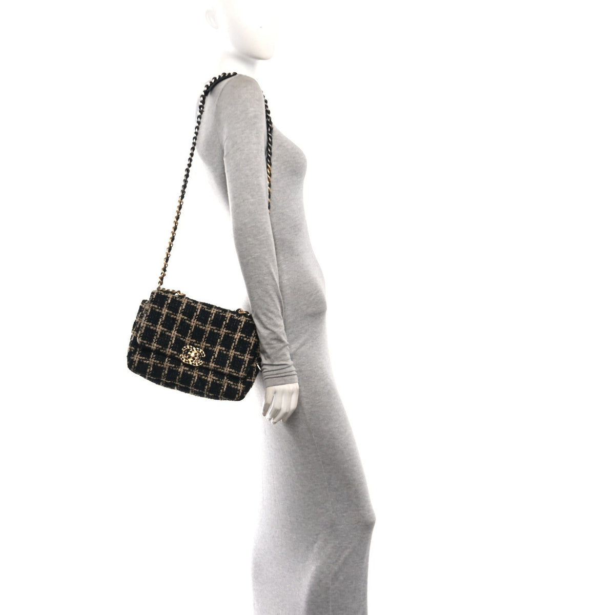 Tweed Quilted Medium Chanel 19 Flap Black Beige
