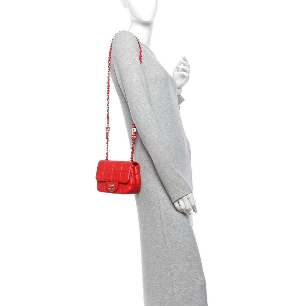 Lambskin Resin Crystal Square Quilted Monacoco Mini Flap Red