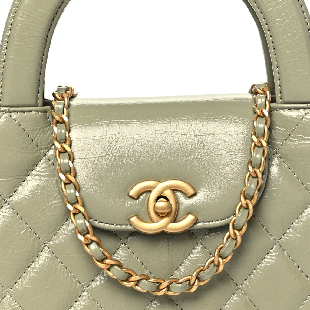 Shiny Aged Calfskin Quilted Nano Kelly Shopper Khaki