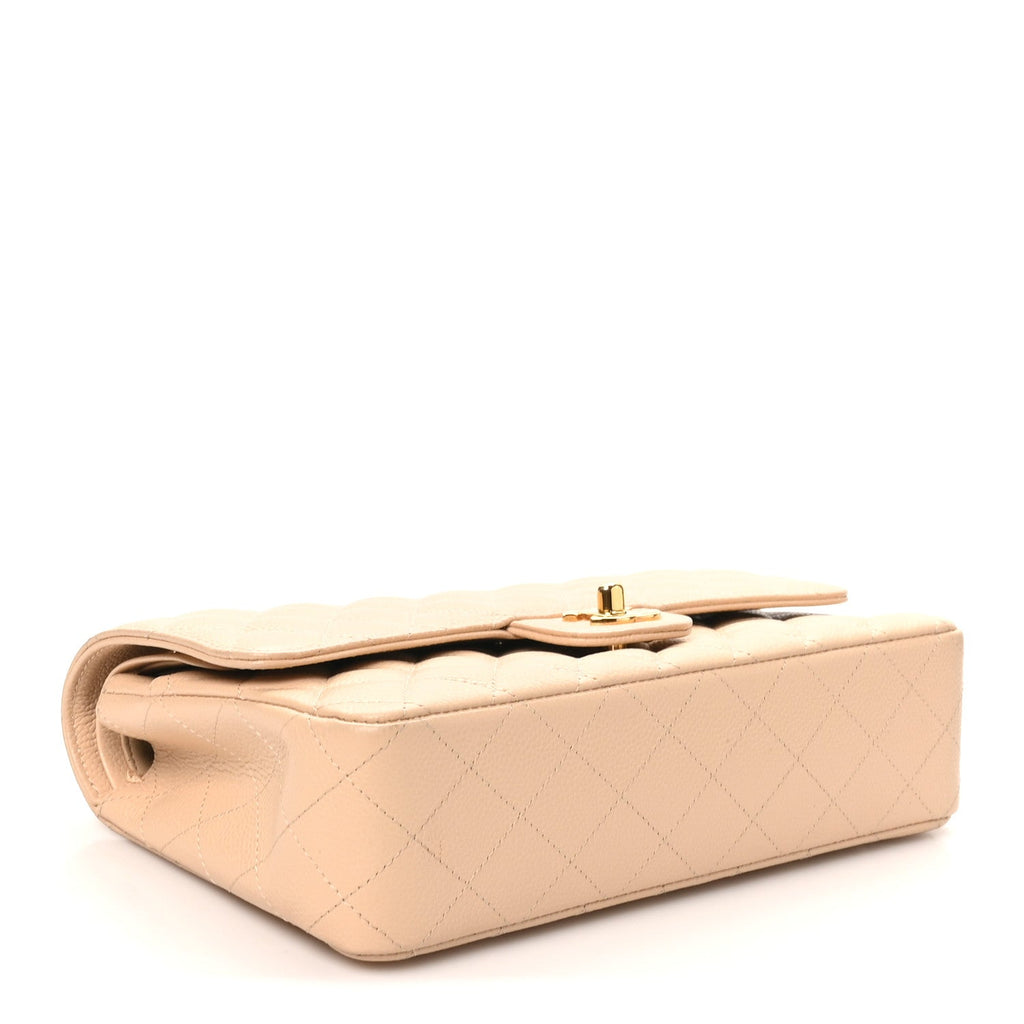 Caviar Quilted Medium Double Flap Beige