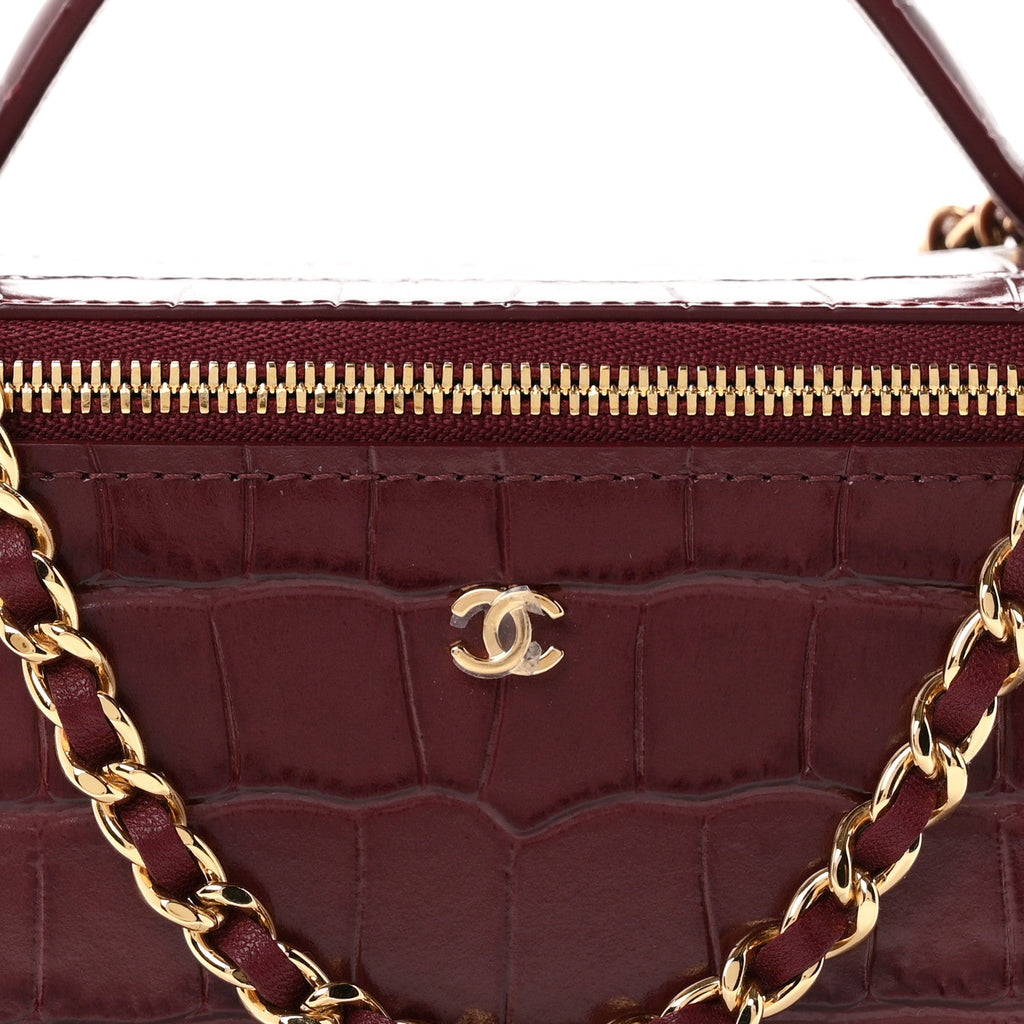 Calfskin Crocodile Embossed Crococo Small Top Handle Vanity Case With Chain Dark Burgundy