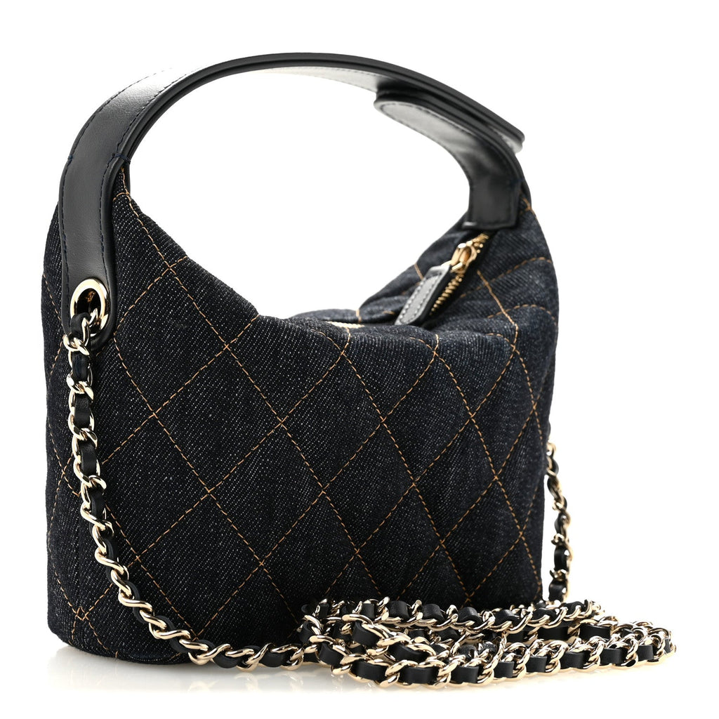 Denim Quilted Hobo Clutch With Chain Dark Blue Orange