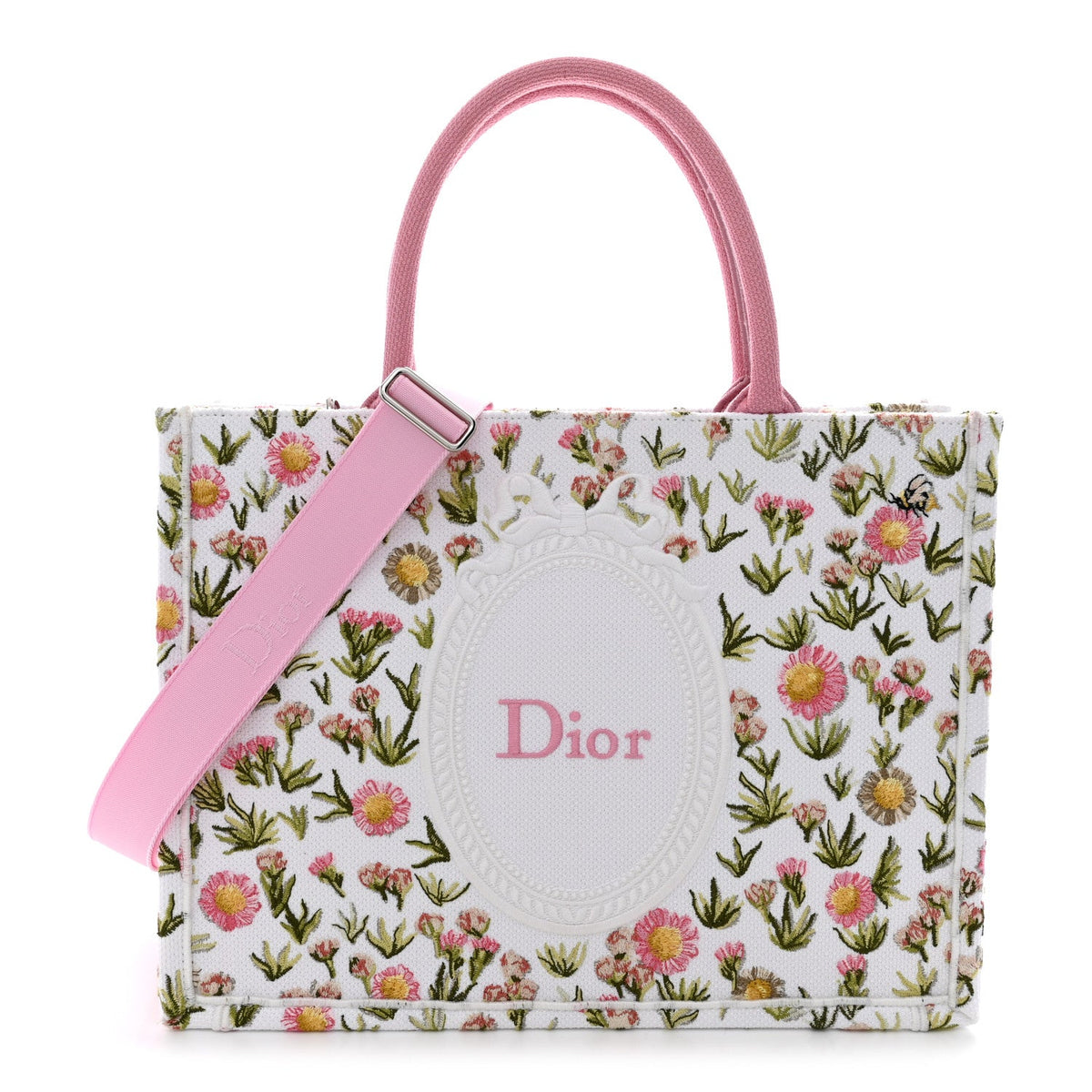 Cotton Toile De Jouy Daisy Garden Embroidered Dior Medaillon Small Book Tote With Strap Pink Multicolor