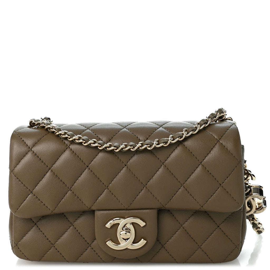 Lambskin Quilted Mini Rectangular CC Slide Flap Dark Khaki