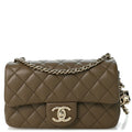 Lambskin Quilted Mini Rectangular CC Slide Flap Dark Khaki