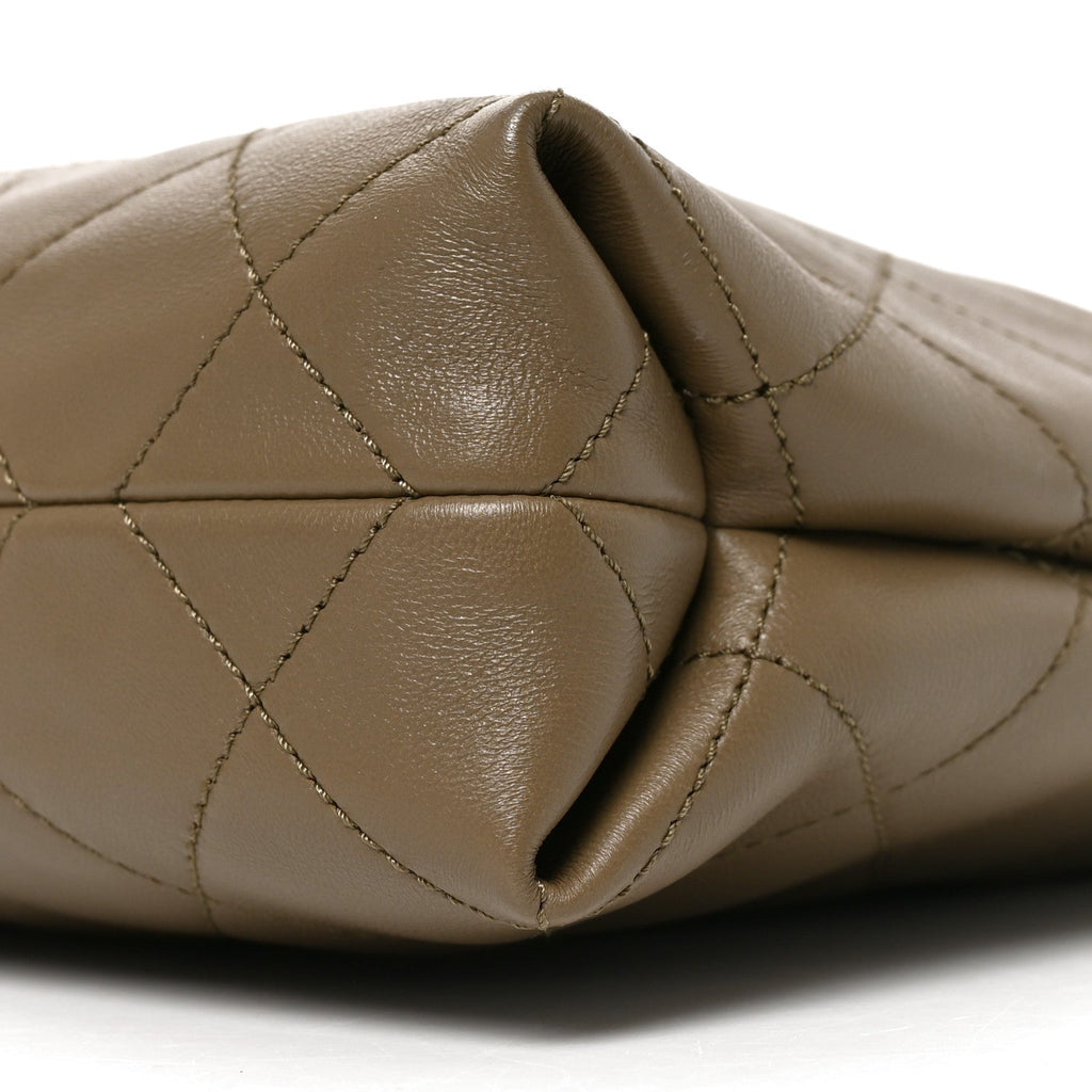 Lambskin Quilted Drawstring Shopping Bag  Dark Khaki