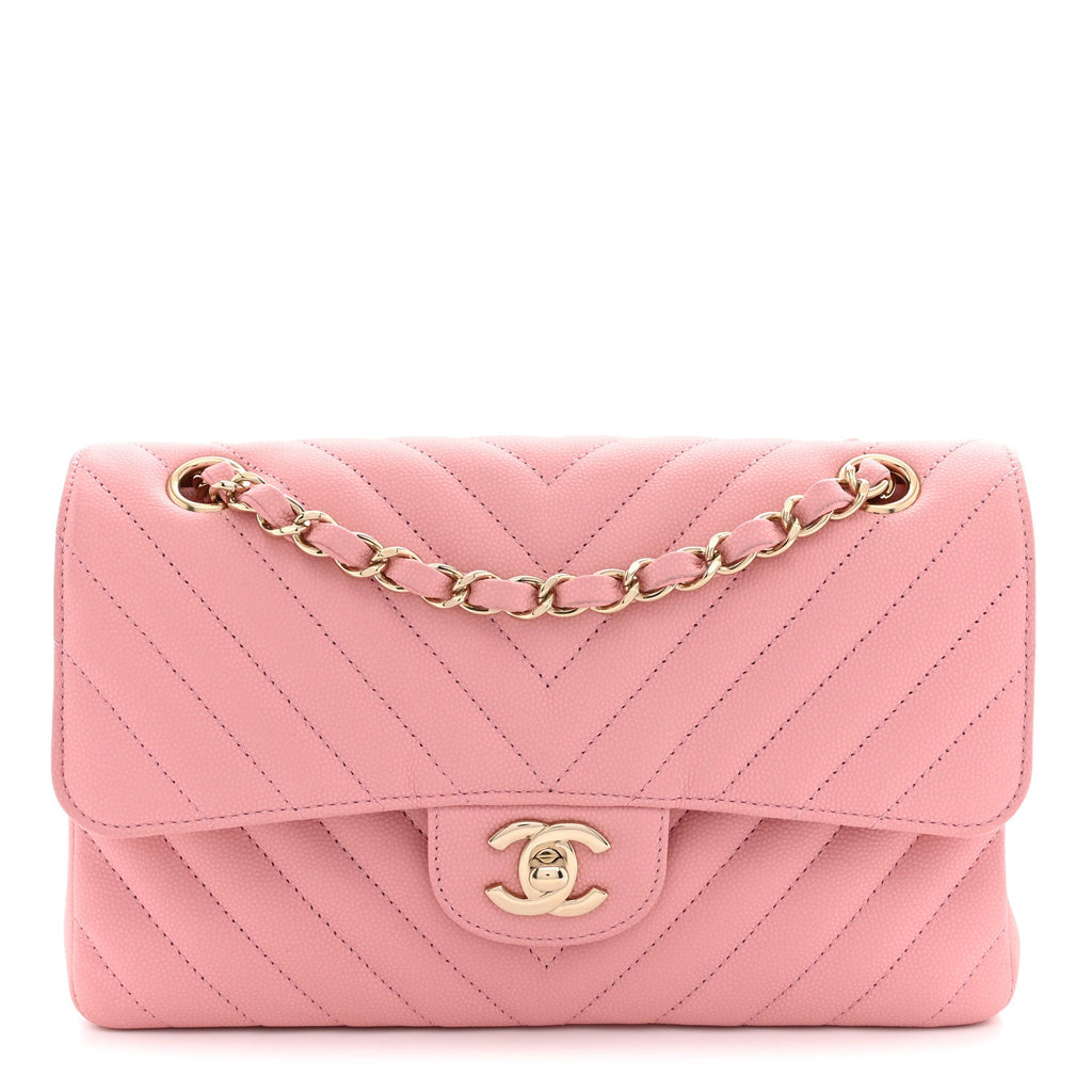 Caviar Chevron Quilted Small Double Flap Pink