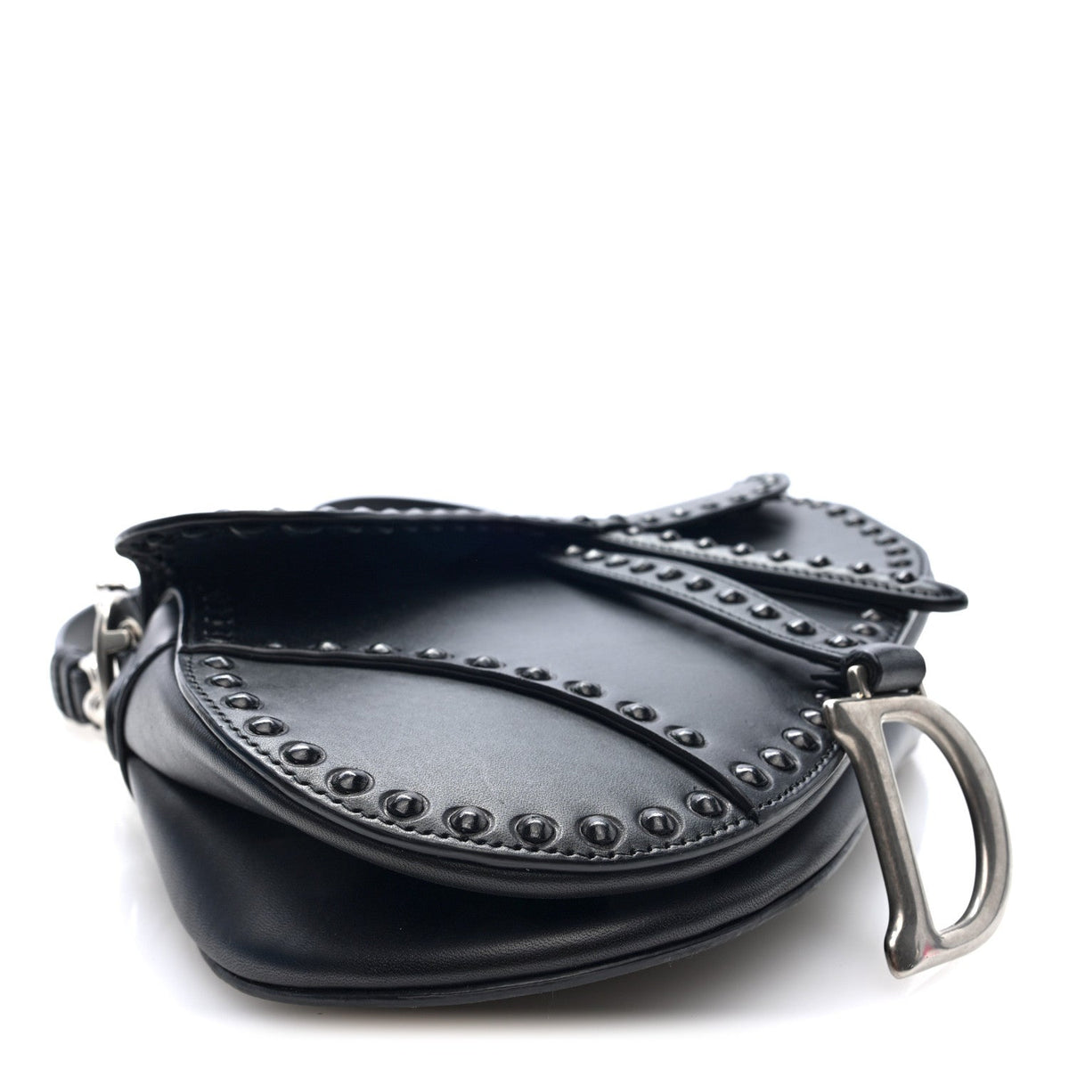 Calfskin Studded Saddle Bag With Strap Black