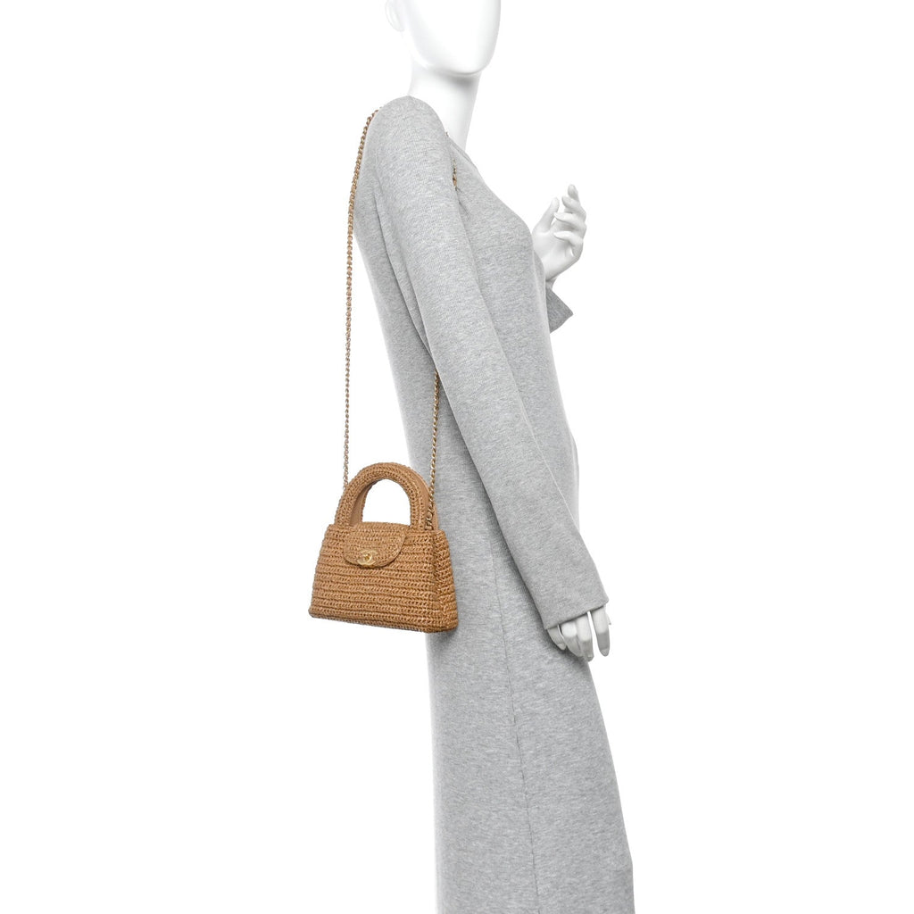 Braided Raffia Nano Kelly Flap Bag Dark Beige