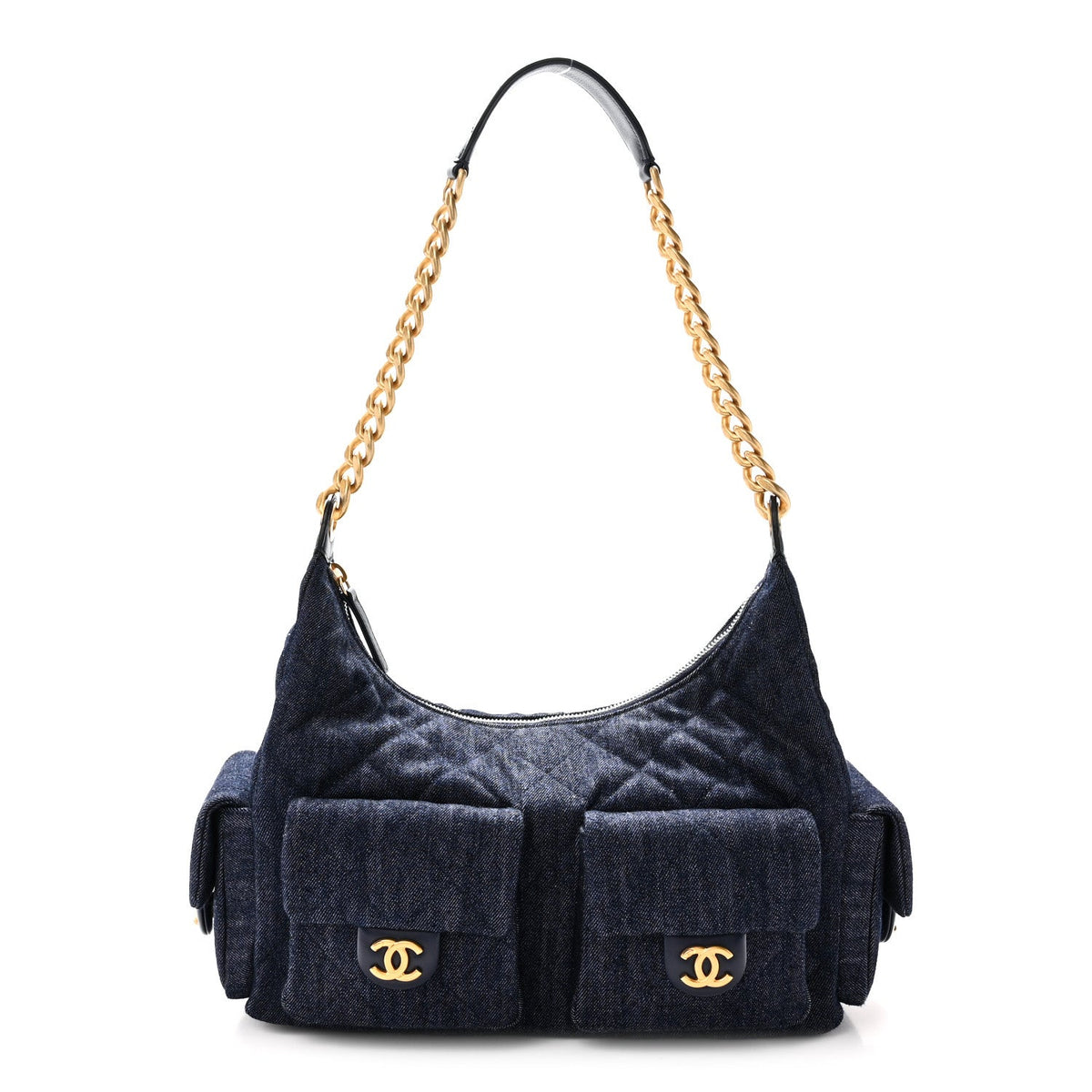 Washed Denim Quilted Large Trendy Pockets Hobo Dark Blue