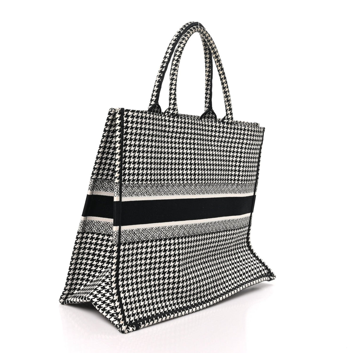 Canvas Houndstooth Embroidered Large Book Tote Black White