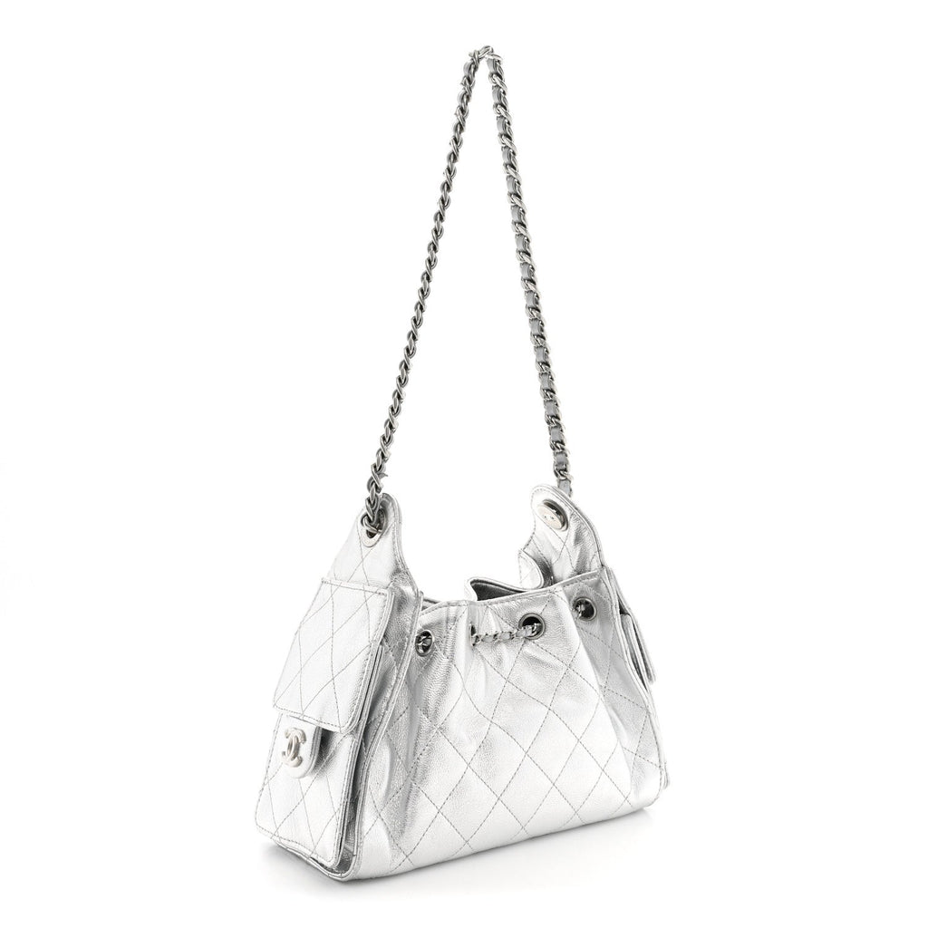Metallic Caviar Quilted Mini Chanel 25 Handbag Silver