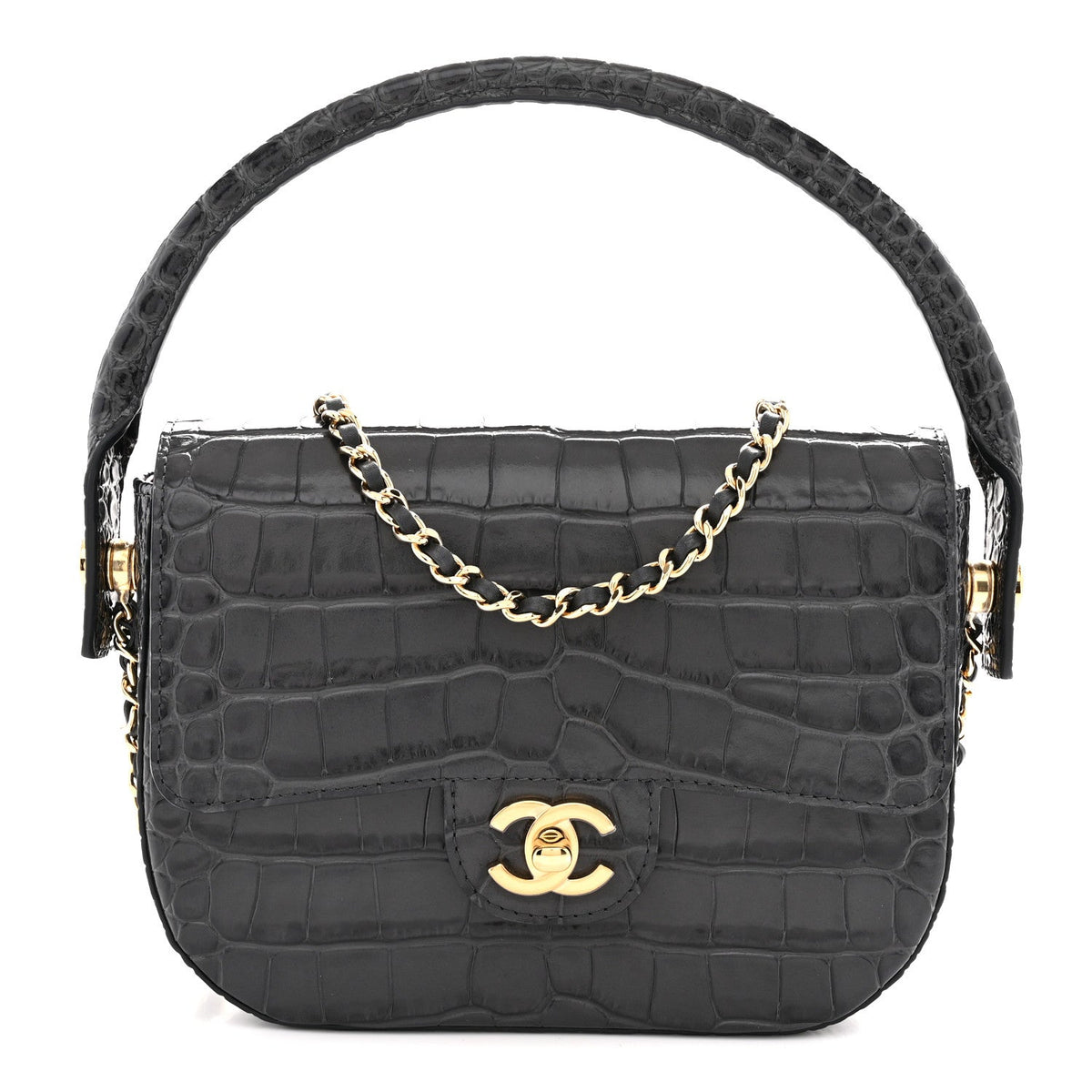 Calfskin Crocodile Embossed Turn Around Mini Flap Dark Grey Dark Grey