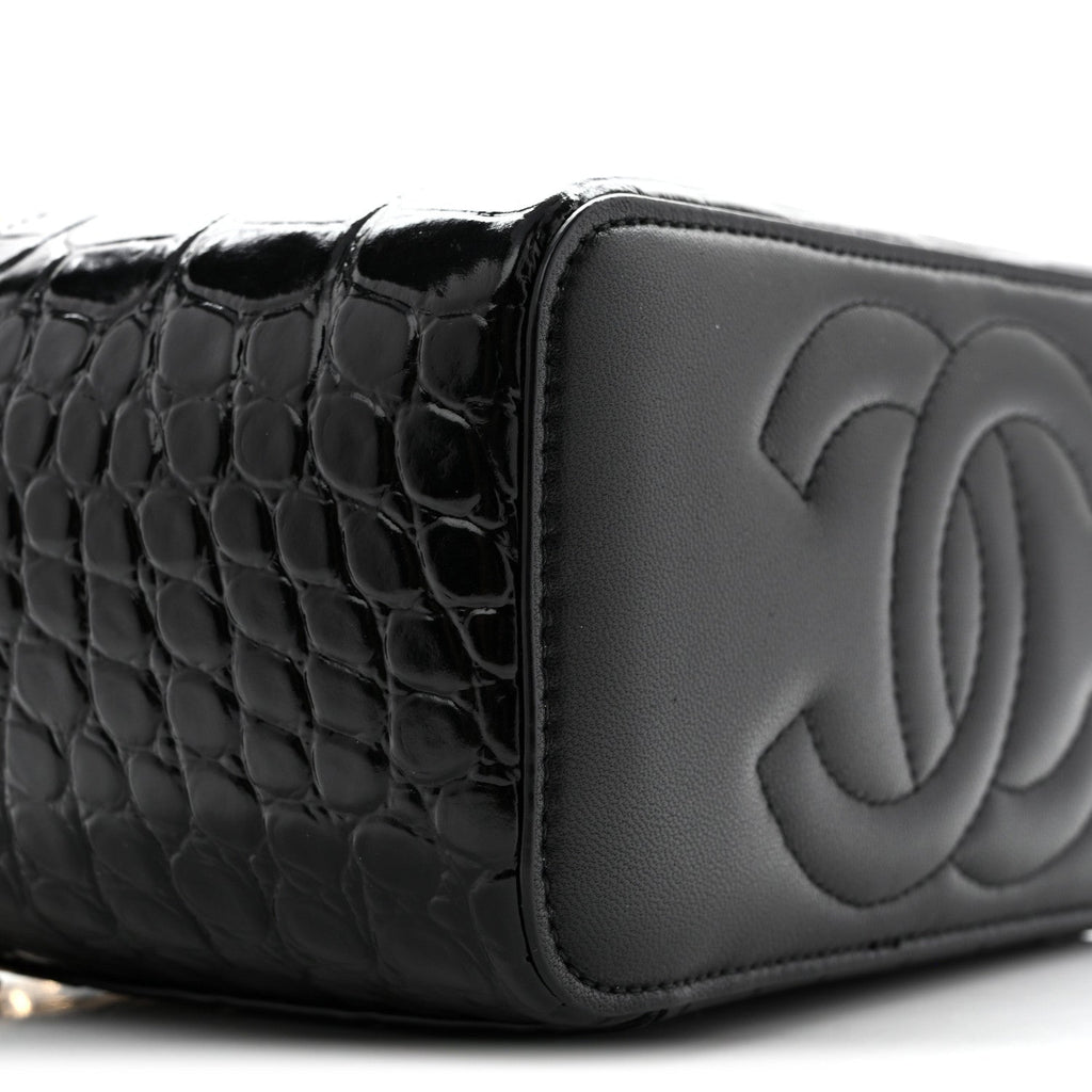 Calfskin Crocodile Embossed Crococo Small Top Handle Vanity Case With Chain Black