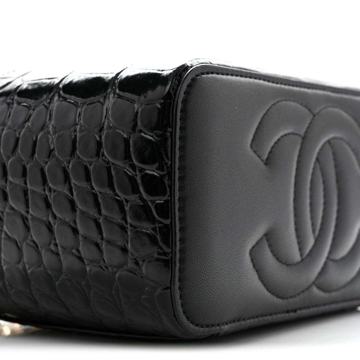 Calfskin Crocodile Embossed Crococo Small Top Handle Vanity Case With Chain Black