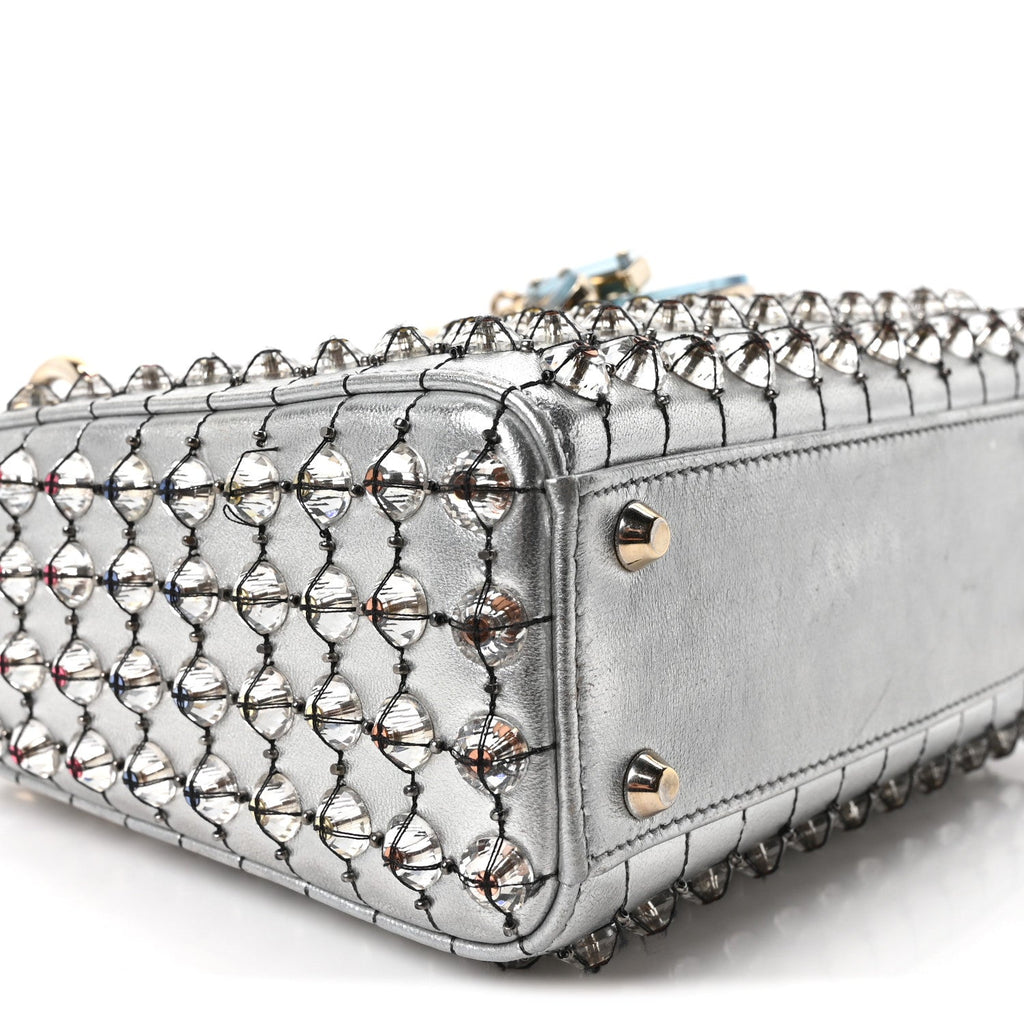 Metallic Calfskin Satin Celestial Bead Embroidery Cannage Mini Lady Dior Silver