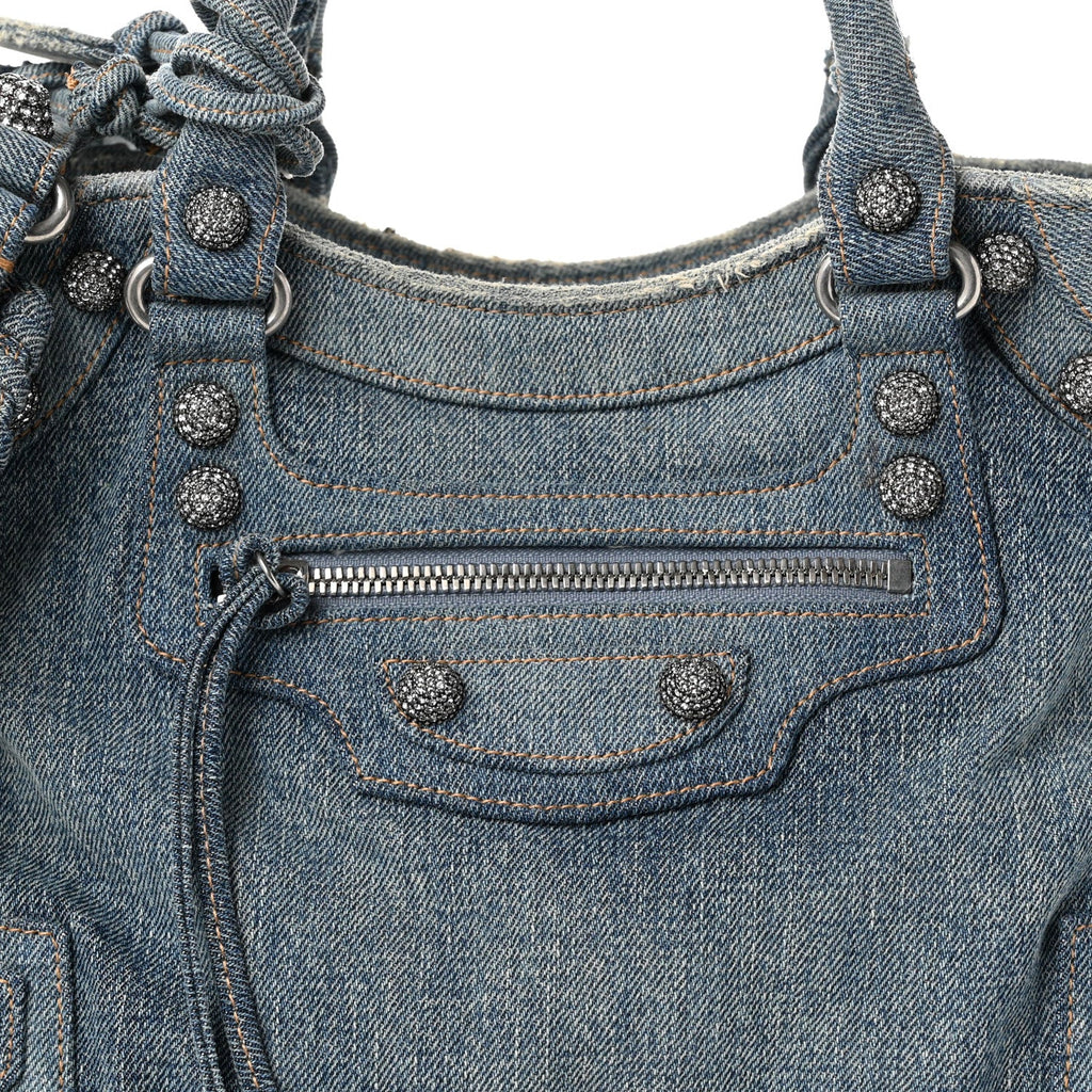 Washed Frayed Denim Crystal Neo Cagole City Handbag Blue