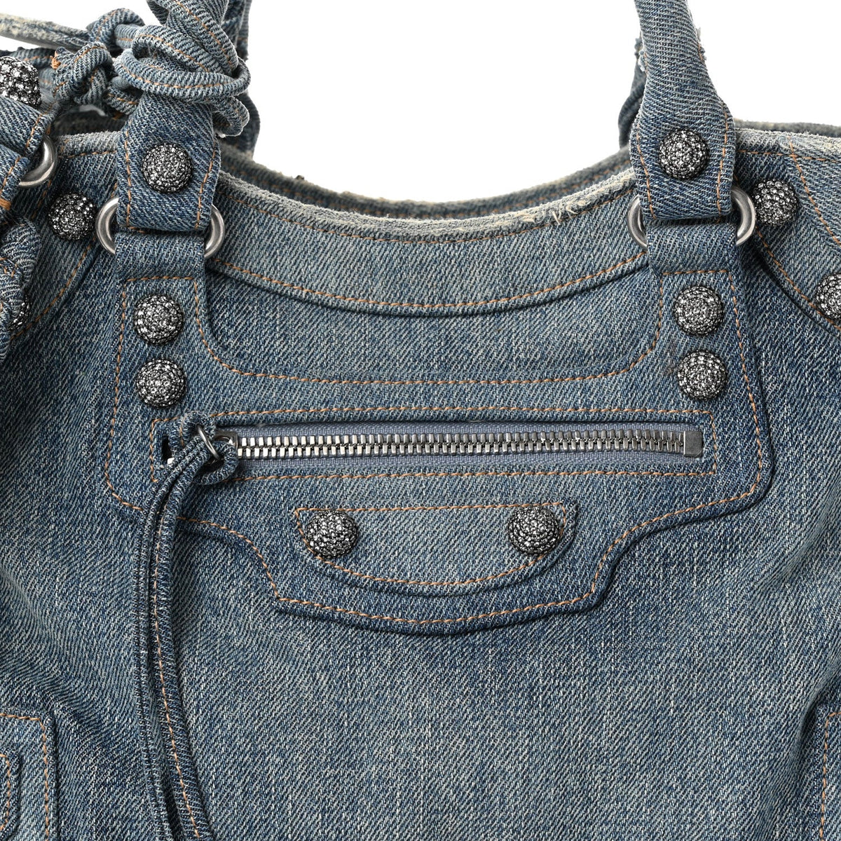 Washed Frayed Denim Crystal Neo Cagole City Handbag Blue