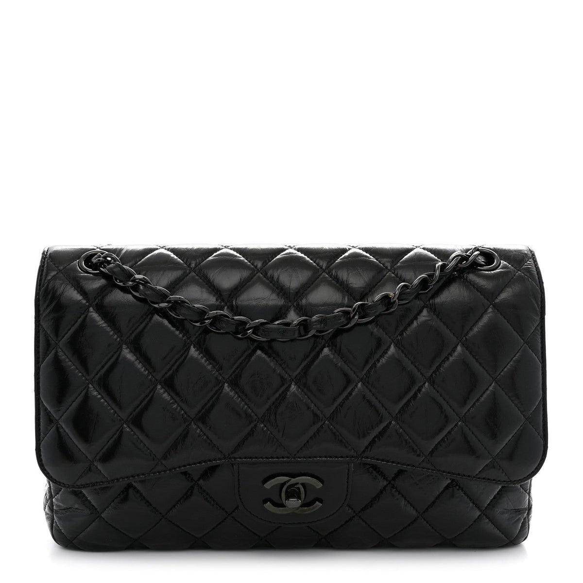 Shiny Distressed Calfskin Quilted Jumbo Double Flap So Black