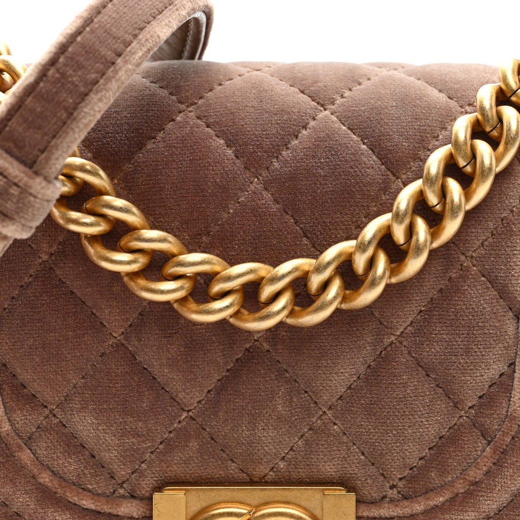 Velvet Quilted Mini Boy Messenger Bag Beige
